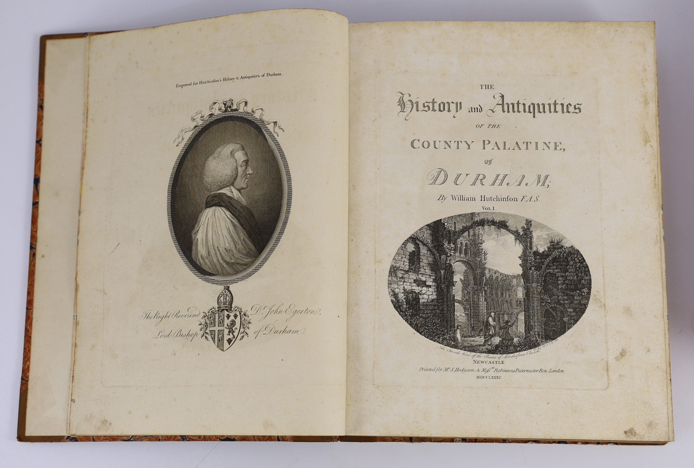 DURHAM: Hutchinson, William - The History and Antiquities of the County Palatine of Durham. 3 vols. engraved vignette titles, 53 plates (some folded), 14 pedigrees (mostly folded) and text engravings